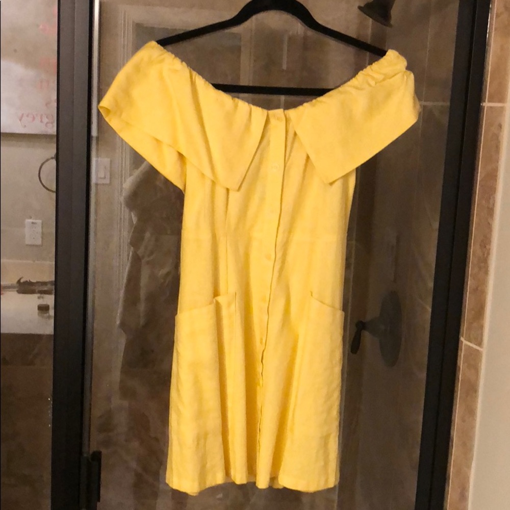 Off shoulder yellow button down baby doll dress